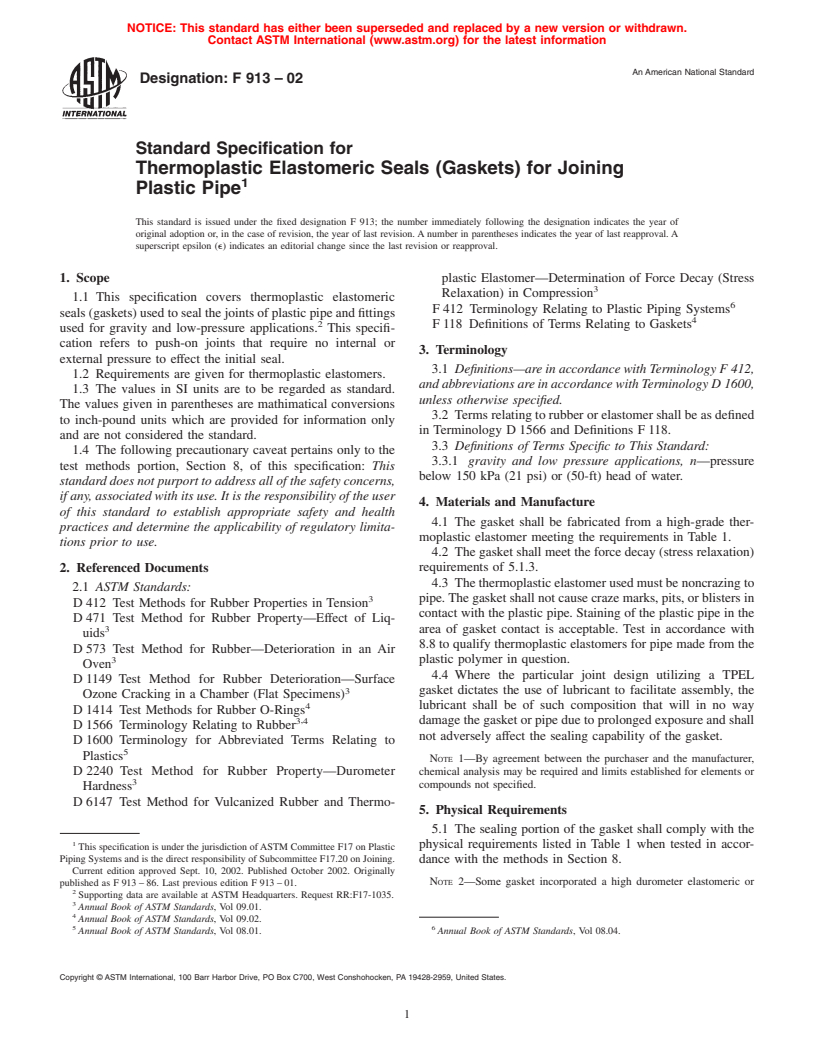 ASTM F913-02 - Standard Specification for Thermoplastic Elastomeric Seals (Gaskets) for Joining Plastic Pipe