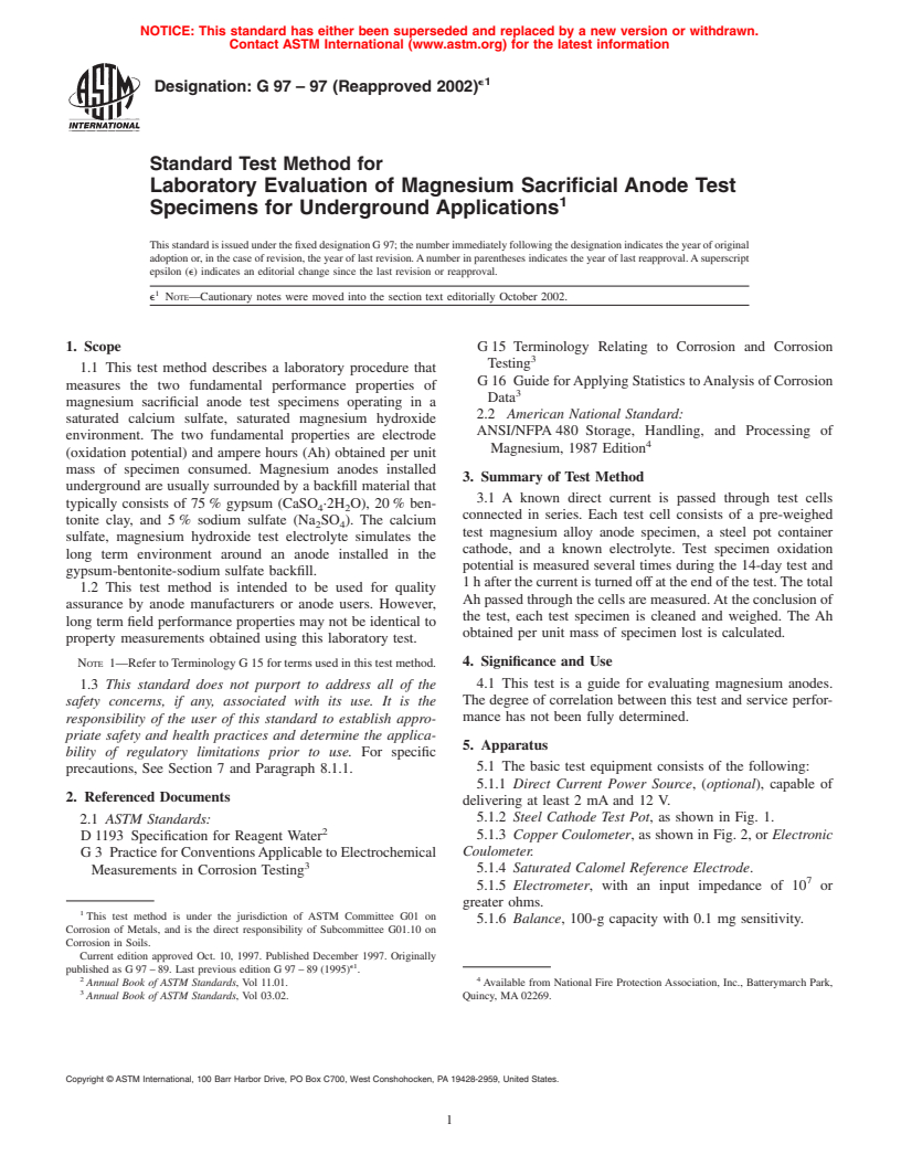 ASTM G97-97(2002)e1 - Standard Test Method for Laboratory Evaluation of Magnesium Sacrificial Anode Test Specimens for Underground Applications