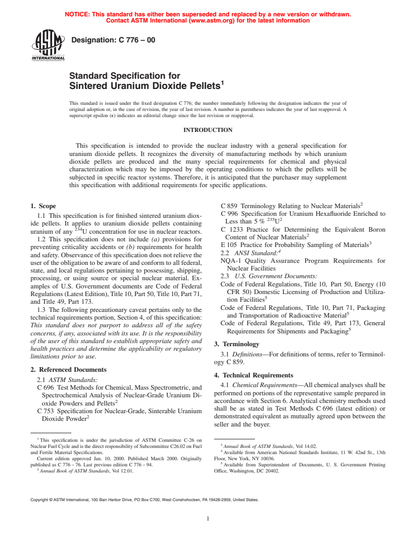 ASTM C776-00 - Standard Specification for Sintered Uranium Dioxide Pellets