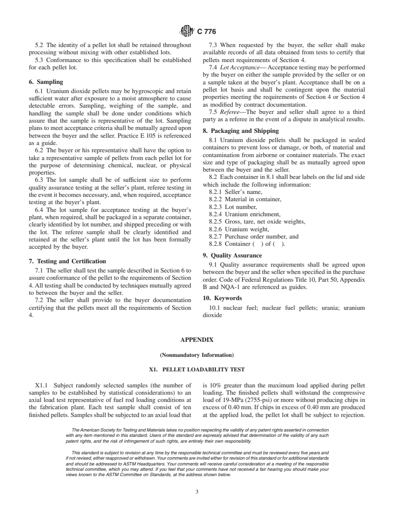 ASTM C776-00 - Standard Specification for Sintered Uranium Dioxide Pellets