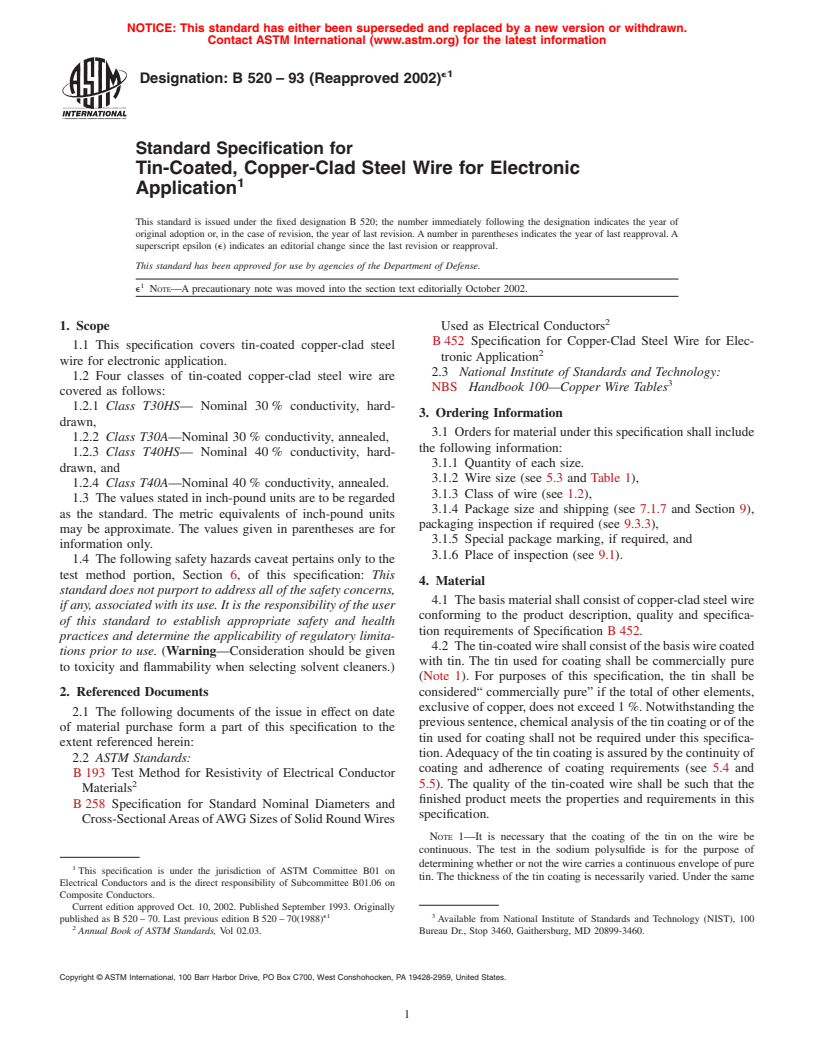 ASTM B520-93(2002)e1 - Standard Specification for Tin-Coated, Copper-Clad Steel Wire for Electronic Application