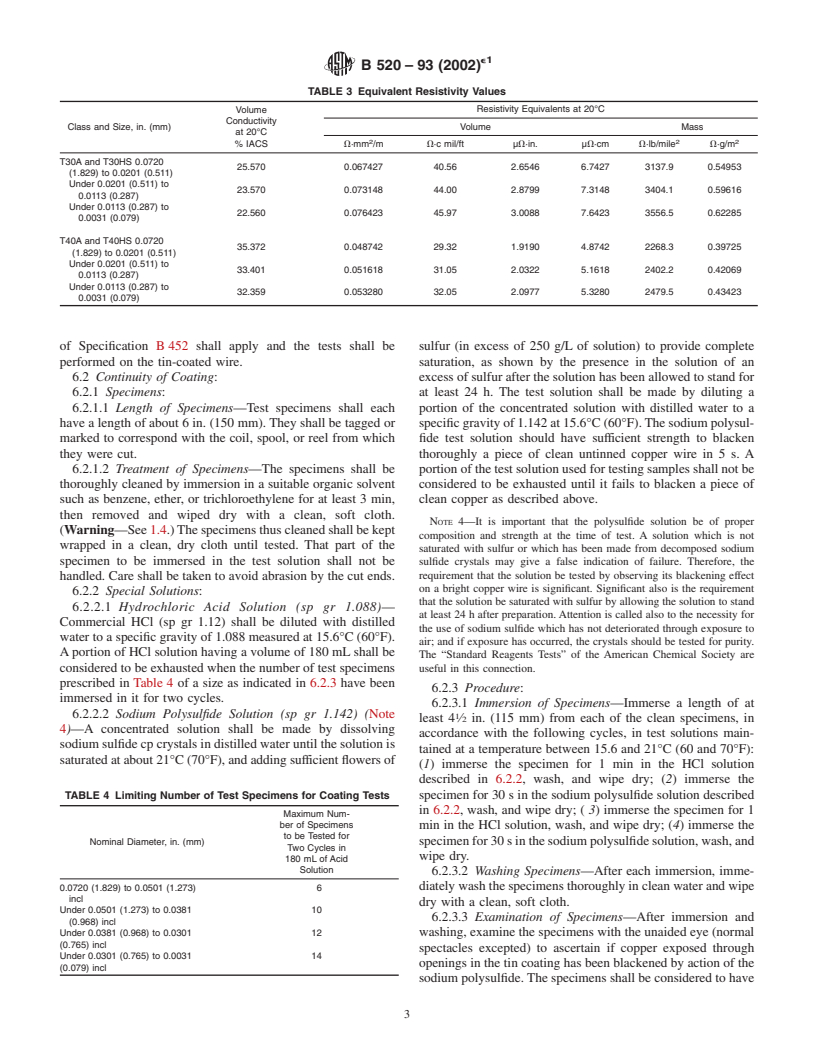 ASTM B520-93(2002)e1 - Standard Specification for Tin-Coated, Copper-Clad Steel Wire for Electronic Application