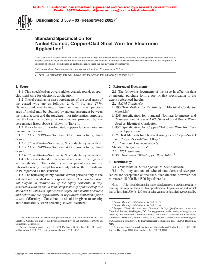 ASTM B559-93(2002)e1 - Standard Specification for Nickel-Coated, Copper-Clad Steel Wire for Electronic Application