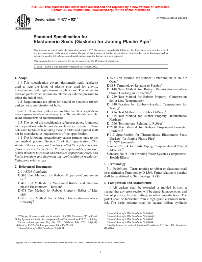 ASTM F477-02e1 - Standard Specification for Elastomeric Seals (Gaskets) for Joining Plastic Pipe