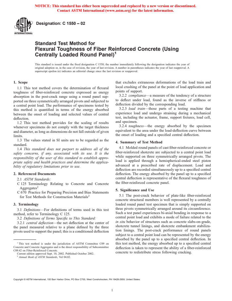 ASTM C1550-02 - Standard Test Method for Flexural Toughness of Fiber Reinforced Concrete (Using Centrally Loaded Round Panel)