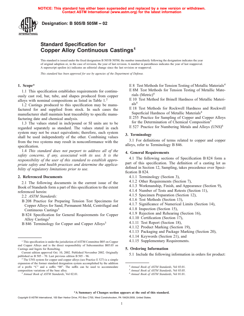 ASTM B505/B505M-02 - Standard Specification for Copper-Base Alloy Continuous Castings