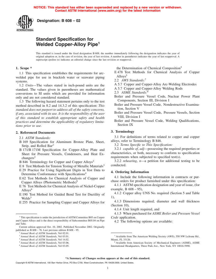 ASTM B608-02 - Standard Specification for Welded Copper-Alloy Pipe