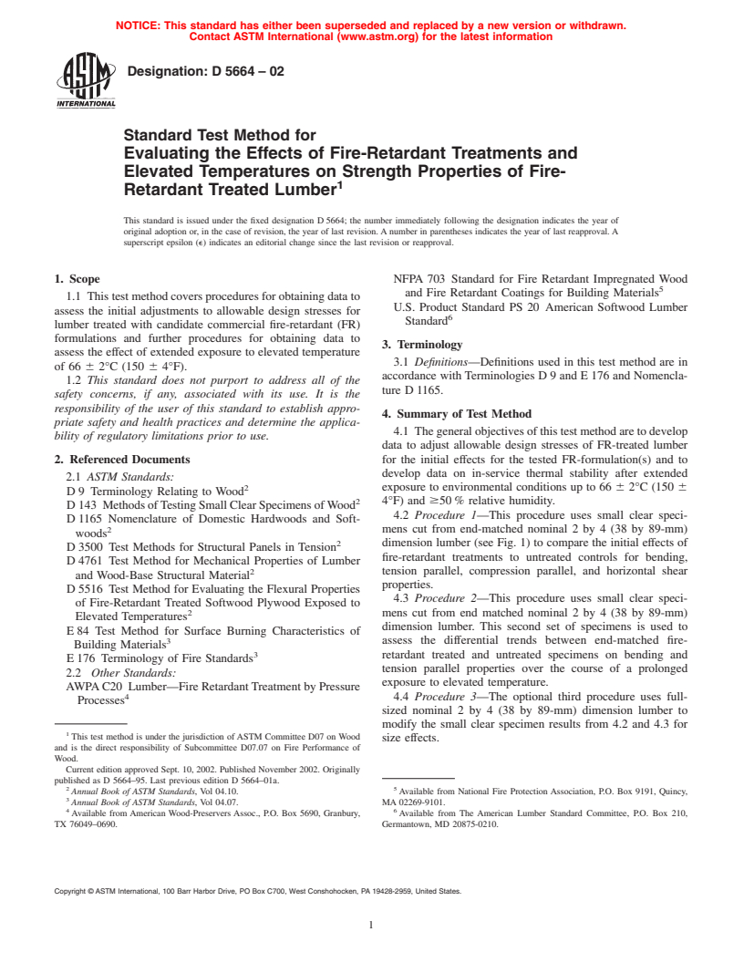 ASTM D5664-02 - Standard Test Method for Evaluating the Effects of Fire-Retardant Treatments and Elevated Temperatures on Strength Properties of Fire-Retardant Treated Lumber