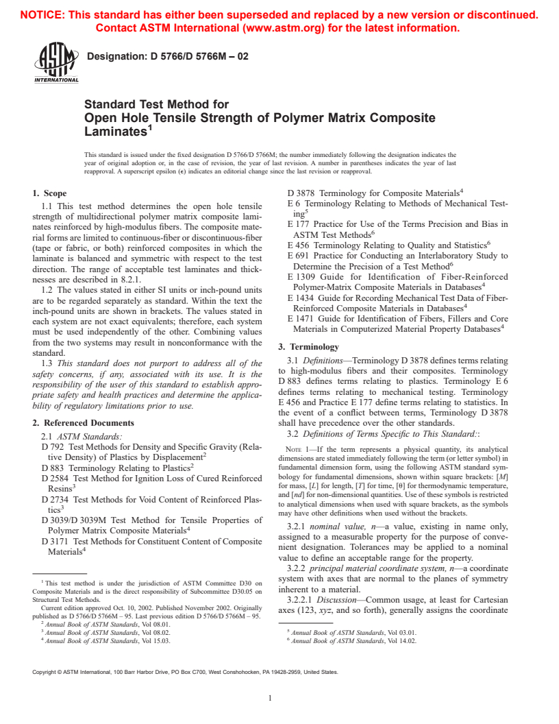 ASTM D5766/D5766M-02 - Standard Test Method for Open Hole Tensile Strength of Polymer Matrix Composite Laminates