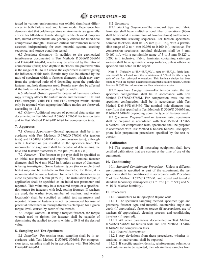 ASTM D6742/D6742M-02 - Standard Practice for Filled-Hole Tension and Compression Testing of Polymer Matrix Composite Laminates