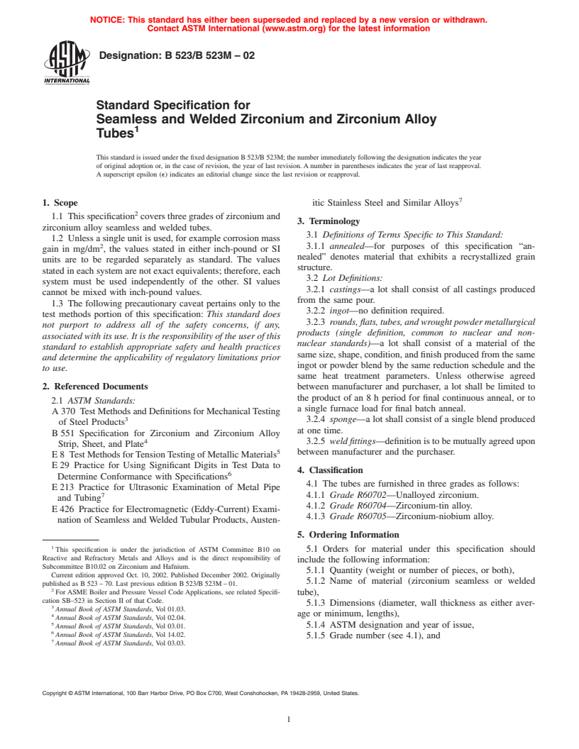 ASTM B523/B523M-02 - Standard Specification for Seamless and Welded Zirconium and Zirconium Alloy Tubes