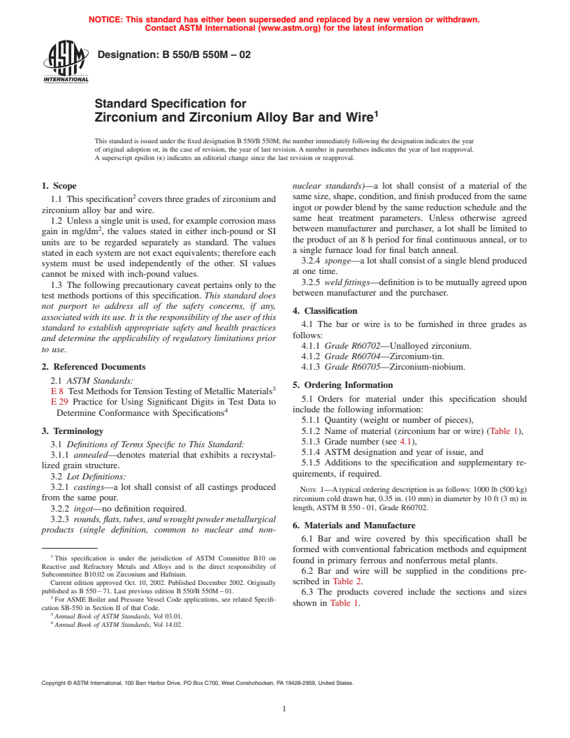 ASTM B550/B550M-02 - Standard Specification for Zirconium and Zirconium Alloy Bar and Wire