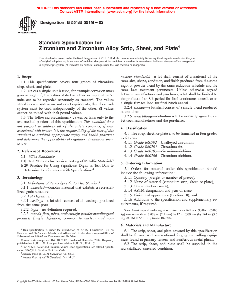 ASTM B551/B551M-02 - Standard Specification for Zirconium and Zirconium Alloy Strip, Sheet, and Plate