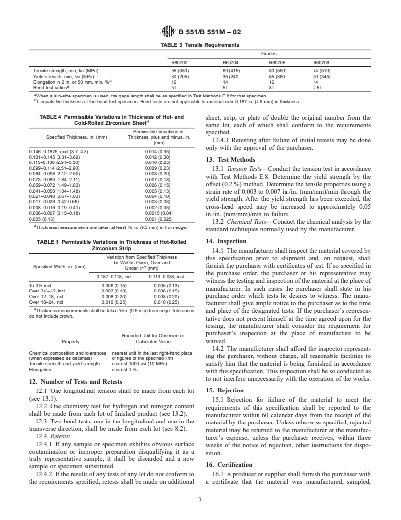 ASTM B551/B551M-02 - Standard Specification for Zirconium and Zirconium Alloy Strip, Sheet, and Plate