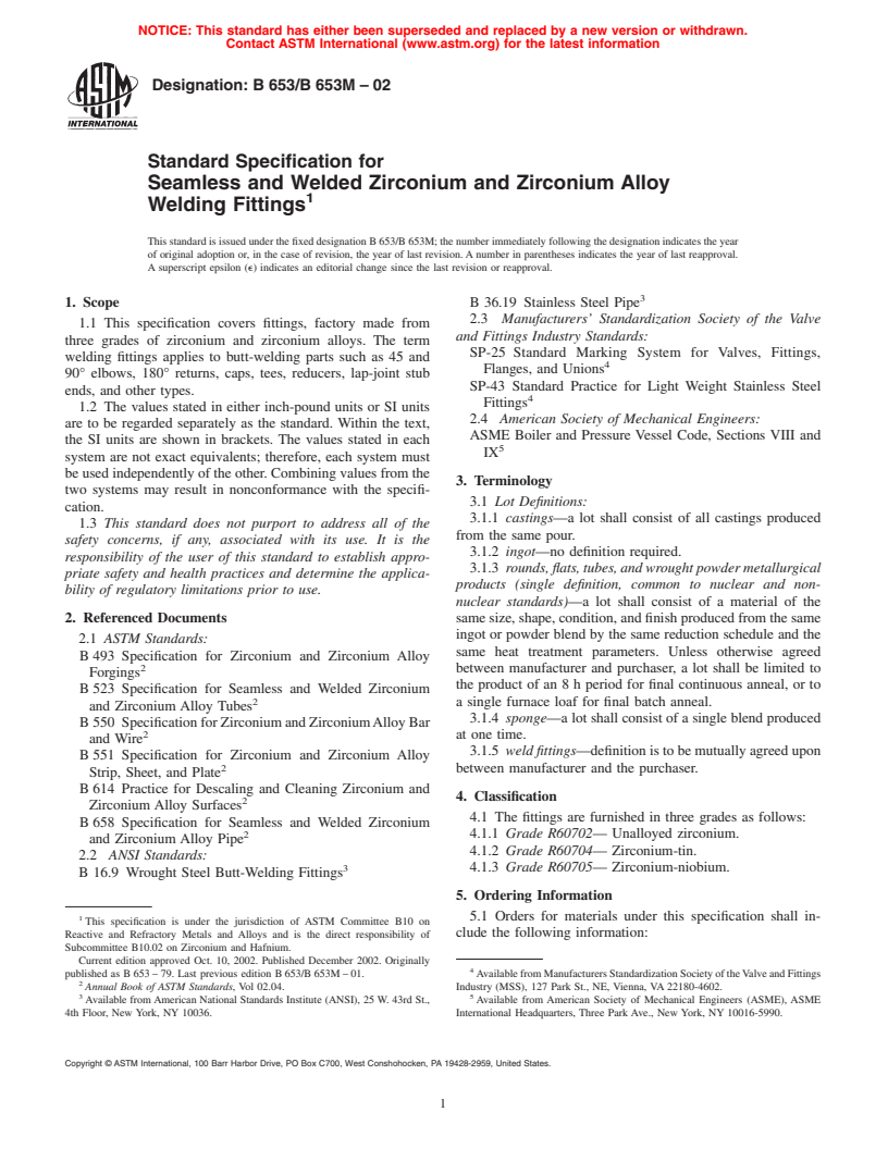 ASTM B653/B653M-02 - Standard Specification for Seamless and Welded Zirconium and Zirconium Alloy Welding Fittings