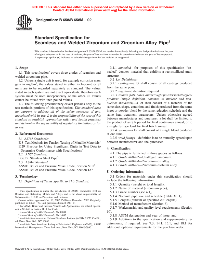 ASTM B658/B658M-02 - Standard Specification for Seamless and Welded Zirconium and Zirconium Alloy Pipe