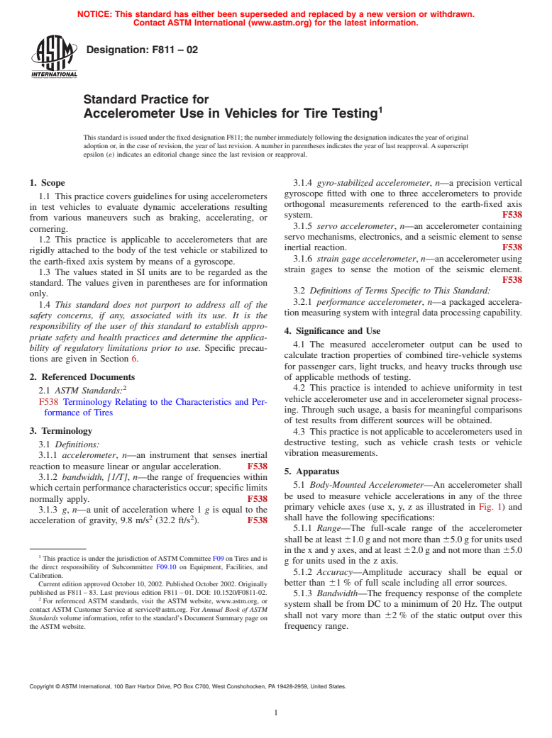 ASTM F811-02 - Standard Practice for Accelerometer Use in Vehicles for Tire Testing