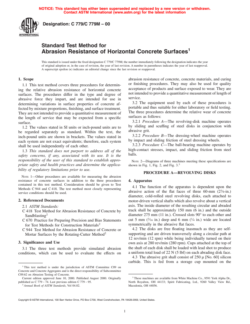 ASTM C779/C779M-00 - Standard Test Method for Abrasion Resistance of Horizontal Concrete Surfaces