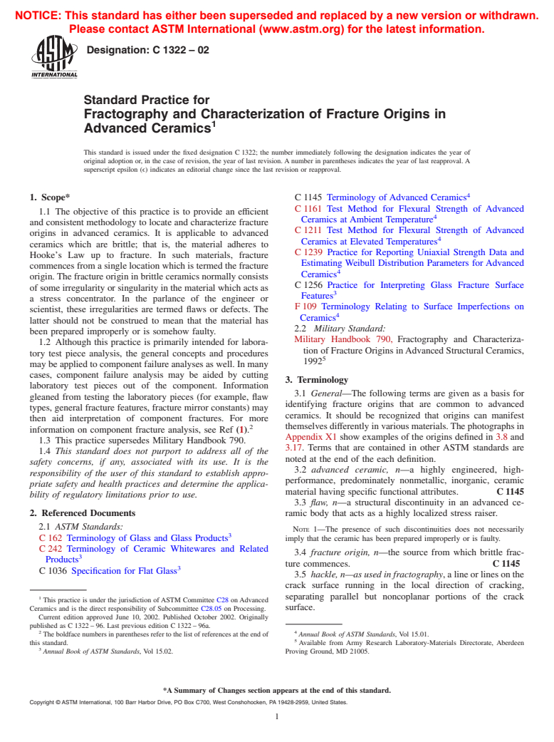 ASTM C1322-02 - Standard Practice for Fractography and Characterization of Fracture Origins in Advanced Ceramics