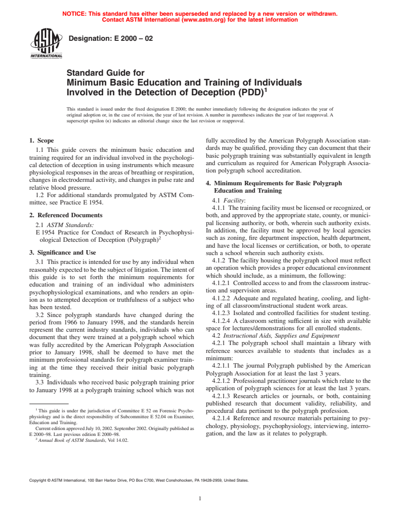 ASTM E2000-02 - Standard Guide for Minimum Basic Education and Training of Individuals Involved in the Detection of Deception (PDD)