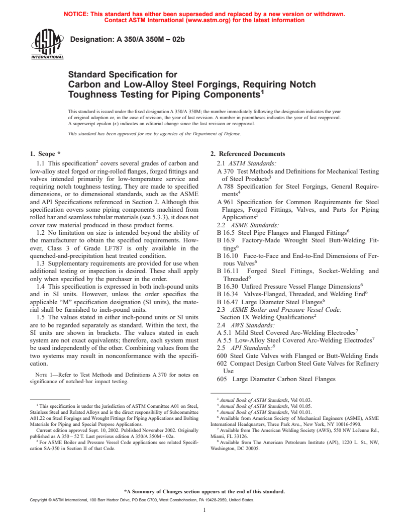 ASTM A350/A350M-02b - Standard Specification for Carbon and Low-Alloy Steel Forgings, Requiring Notch Toughness Testing for Piping Components