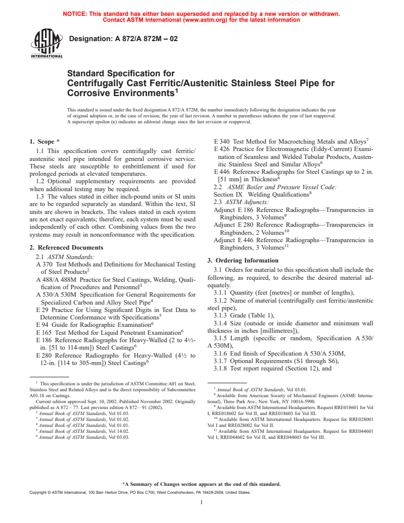 ASTM A872/A872M-02 - Standard Specification for Centrifugally Cast Ferritic/Austenitic Stainless Steel Pipe for Corrosive Environments