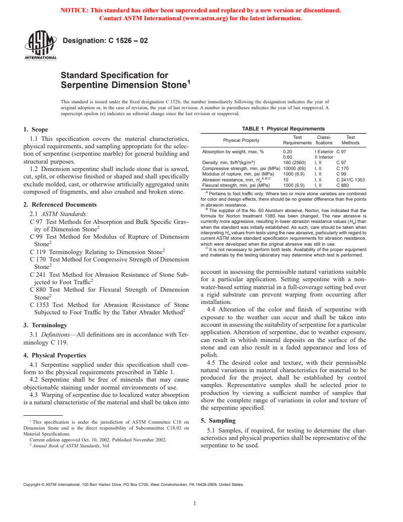 ASTM C1526-02 - Standard Specification for Serpentine Dimension Stone