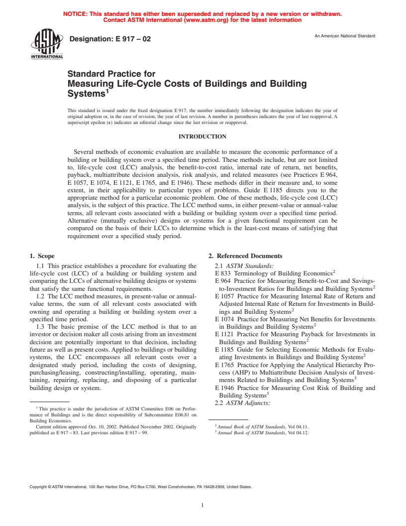 ASTM E917-02 - Standard Practice for Measuring Life-Cycle Costs of Buildings and Building Systems