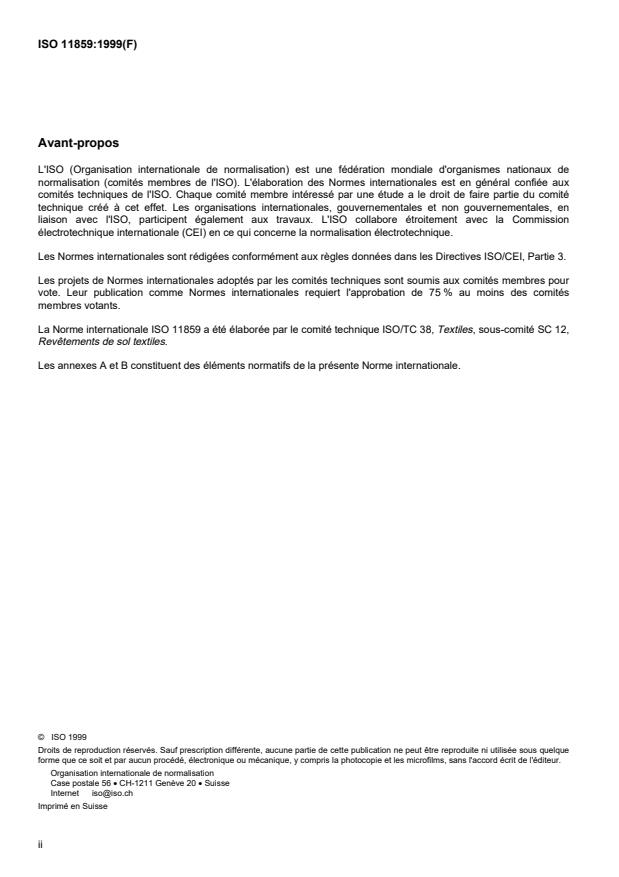ISO 11859:1999 ISO 11859:1999 - Revetements de sol textiles -- Moquettes pure laine a points noués a la main -- Spécifications - Page 2 preview