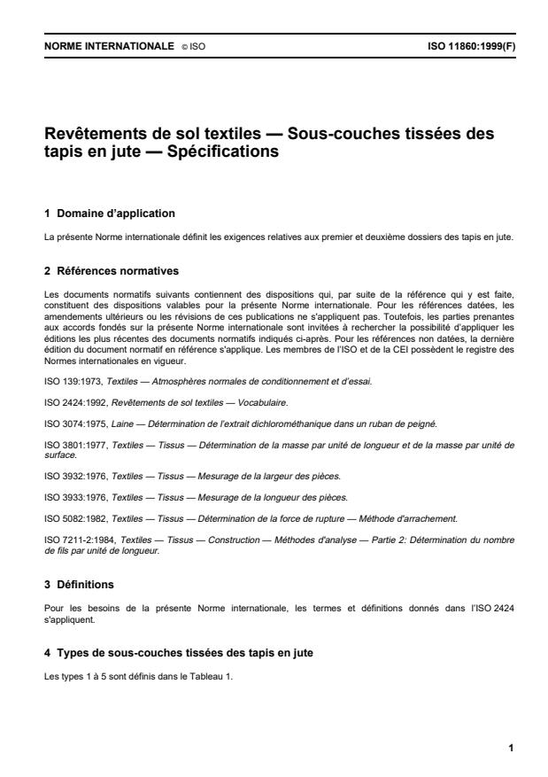 ISO 11860:1999 - Revetements de sol textiles -- Sous-couches tissées des tapis en jute -- Spécifications