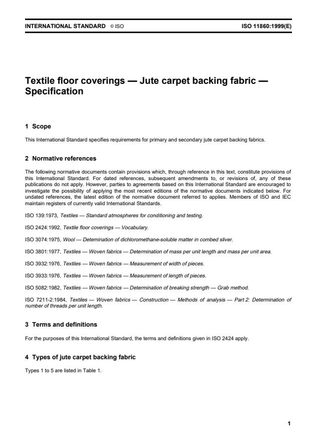 ISO 11860:1999 - Textile floor coverings -- Jute carpet backing fabric -- Specification