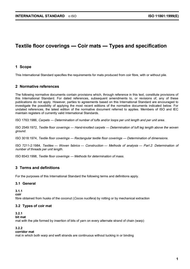 ISO 11861:1999 - Textile floor coverings -- Coir mats -- Types and specification