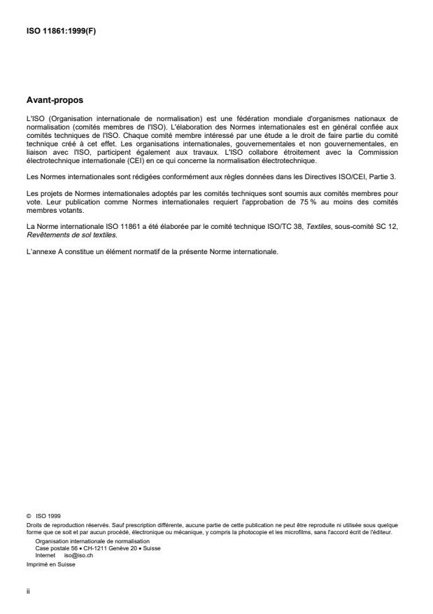 ISO 11861:1999 ISO 11861:1999 - Revetements de sol textiles -- Tapis brosses a base de fibres de noix de coco -- Types et spécifications - Page 2 preview