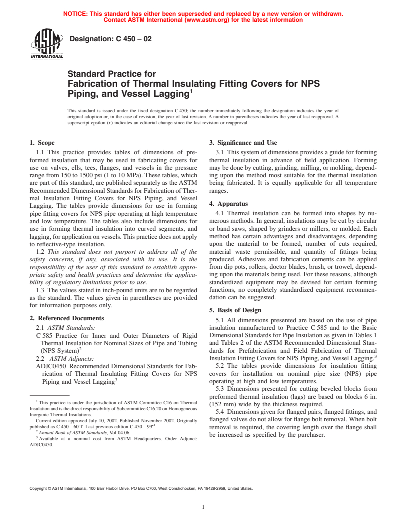 ASTM C450-02 - Standard Practice for Fabrication of Thermal Insulating Fitting Covers for NPS Piping, and Vessel Lagging