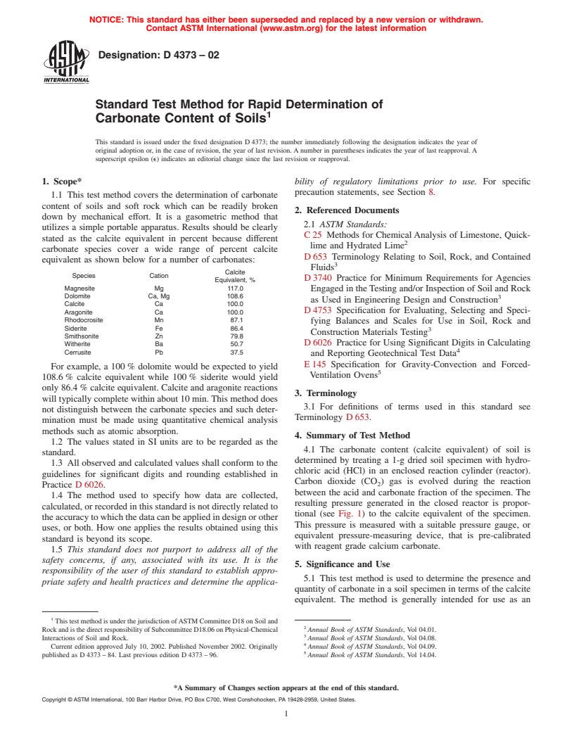 ASTM D4373-02 - Standard Test Method for Rapid Determination of Carbonate Content of Soils