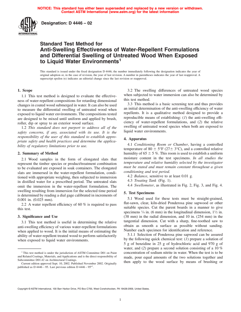 ASTM D4446-02 - Standard Test Method for Anti-Swelling Effectiveness of Water-Repellent Formulations and Differential Swelling of Untreated Wood When Exposed to Liquid Water Environments