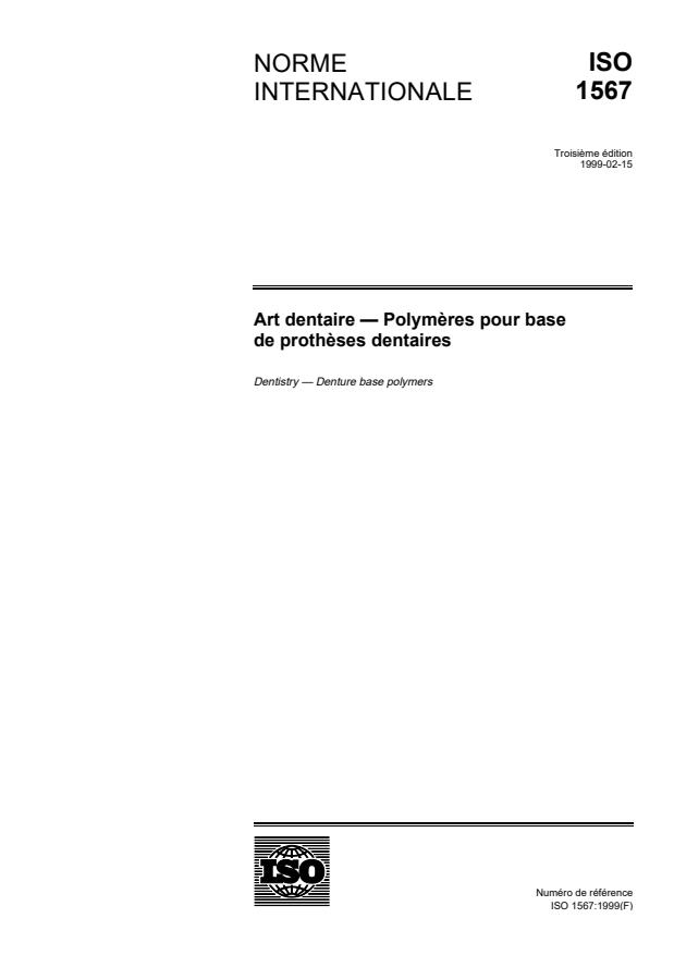ISO 1567:1999 - Art dentaire -- Polymeres pour base de protheses dentaires