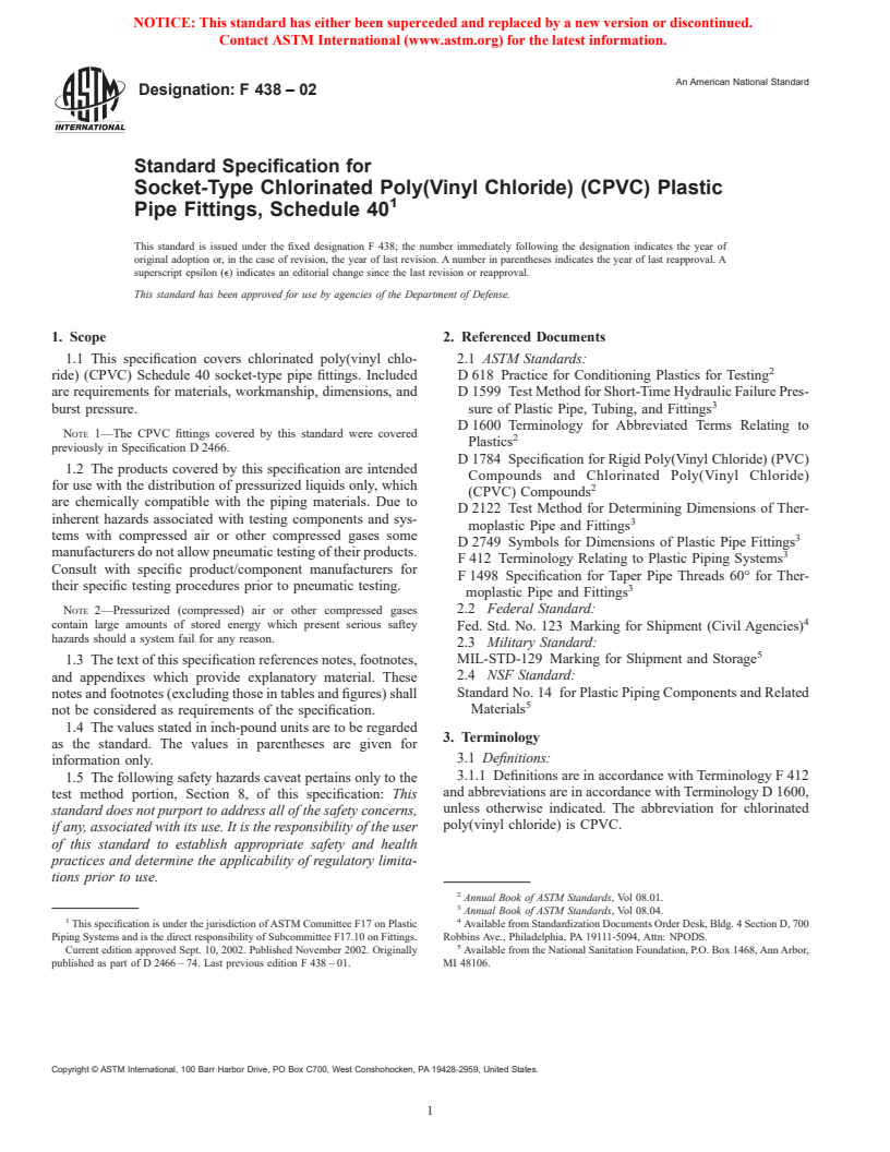 ASTM F438-02 - Standard Specification for Socket-Type Chlorinated Poly(Vinyl Chloride) (CPVC) Plastic Pipe Fittings, Schedule 40