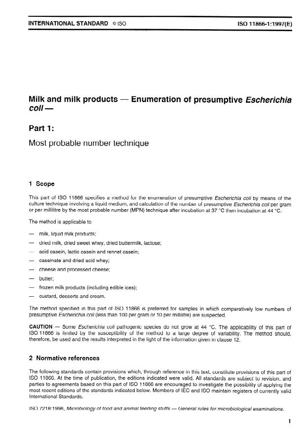 ISO 11866-1:1997 - Milk and milk products -- Enumeration of presumptive Escherichia coli