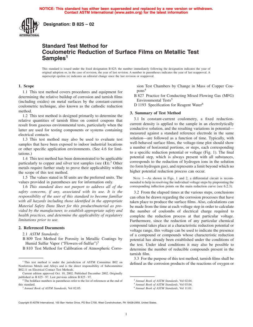ASTM B825-02 - Standard Test Method for Coulometric Reduction of Surface Films on Metallic Test Samples