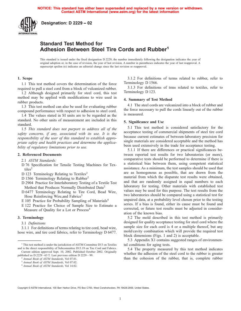 ASTM D2229-02 - Standard Test Method for Adhesion Between Steel Tire Cords and Rubber