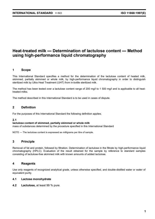 ISO 11868:1997 - Heat-treated milk -- Determination of lactulose content -- Method using high-performance liquid chromatography
