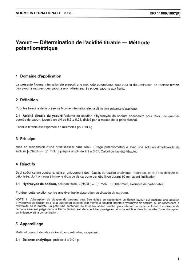 ISO 11869:1997 - Yaourt -- Détermination de l'acidité titrable -- Méthode potentiométrique