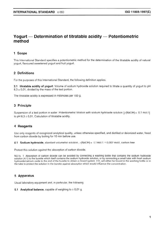 ISO 11869:1997 - Yogurt -- Determination of titratable acidity -- Potentiometric method