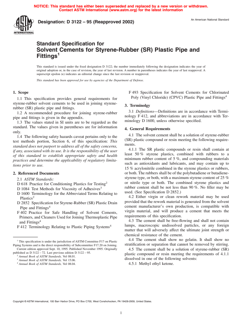 ASTM D3122-95(2002) - Standard Specification for Solvent Cements for Styrene-Rubber (SR) Plastic Pipe and Fittings