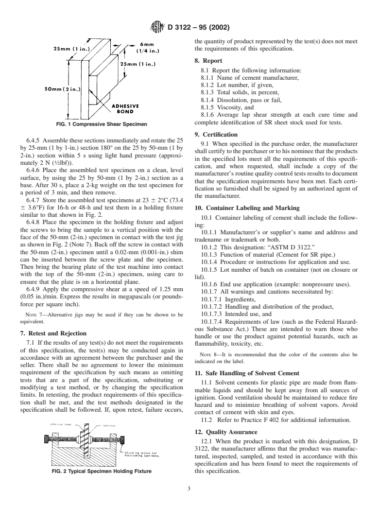 ASTM D3122-95(2002) - Standard Specification for Solvent Cements for Styrene-Rubber (SR) Plastic Pipe and Fittings