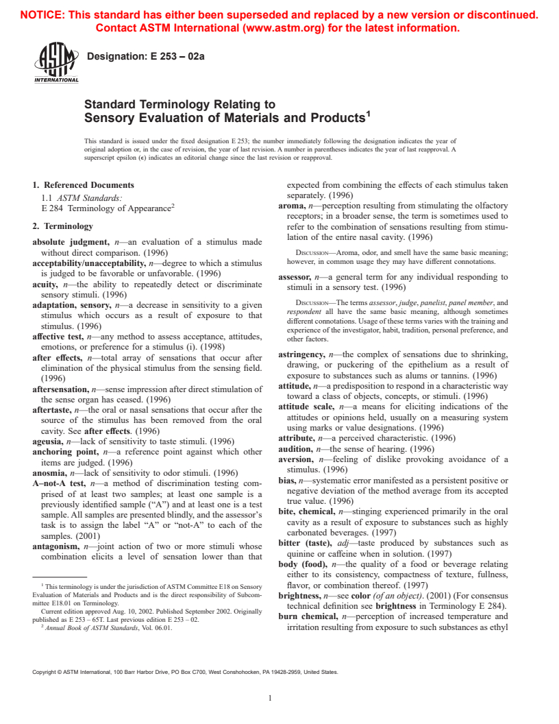 ASTM E253-02a - Standard Terminology Relating to Sensory Evaluation of Materials and Products