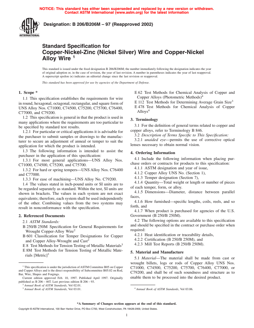 ASTM B206/B206M-97(2002) - Standard Specification for Copper-Nickel-Zinc (Nickel Silver) Wire and Copper-Nickel Alloy Wire