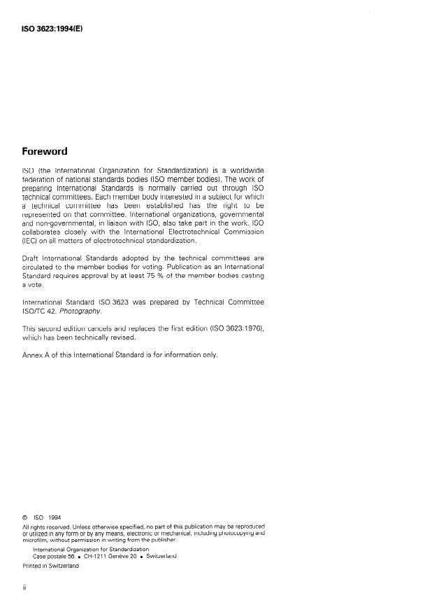 ISO 3623:1994 ISO 3623:1994 - Photography -- Processing chemicals -- Specifications for anhydrous potassium carbonate - Page 2 preview