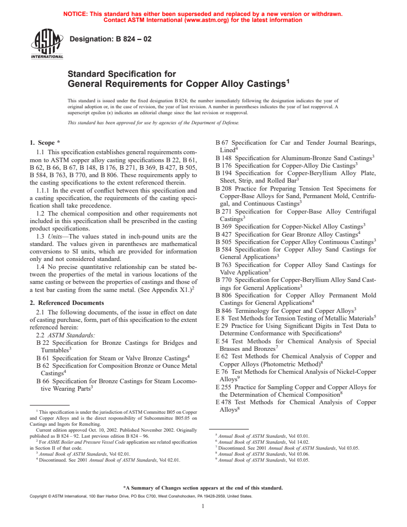 ASTM B824-02 - Standard Specification for General Requirements for Copper Alloy Castings